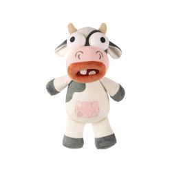 Plush toy cow with a surprised expression on a white background