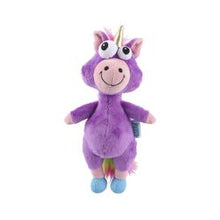 Purple unicorn plush toy with a white background