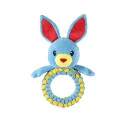Blue plush toy with red ears and a yellow ring on a white background