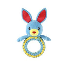 Blue plush toy with red ears and a yellow ring on a white background