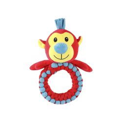 Red monkey toy with a blue ring on a white background