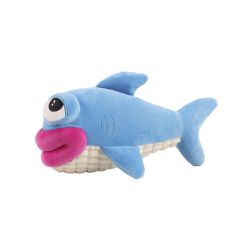 Blue shark-shaped toy with a pink mouth on a white background