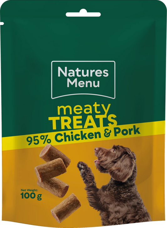 Natures Menu Meaty Bites Chicken & Pork Dog Treats 100g.