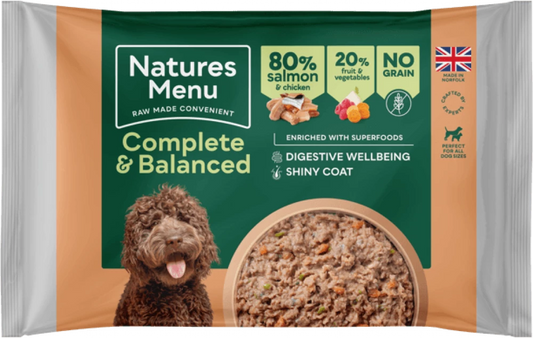 *FROZEN Natures Menu Complete & Balanced Salmon & Chicken Dog Food 500g.