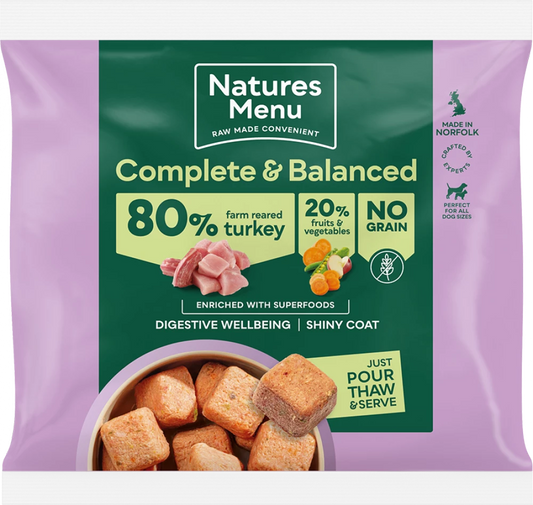 *Frozen Natures Menu 80/20 Turkey Nuggets Dog Food 1kg.