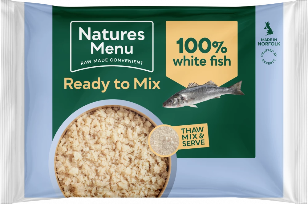 *FROZEN Natures Menu Ready to Mix Block White Fish Dog Food 400g.