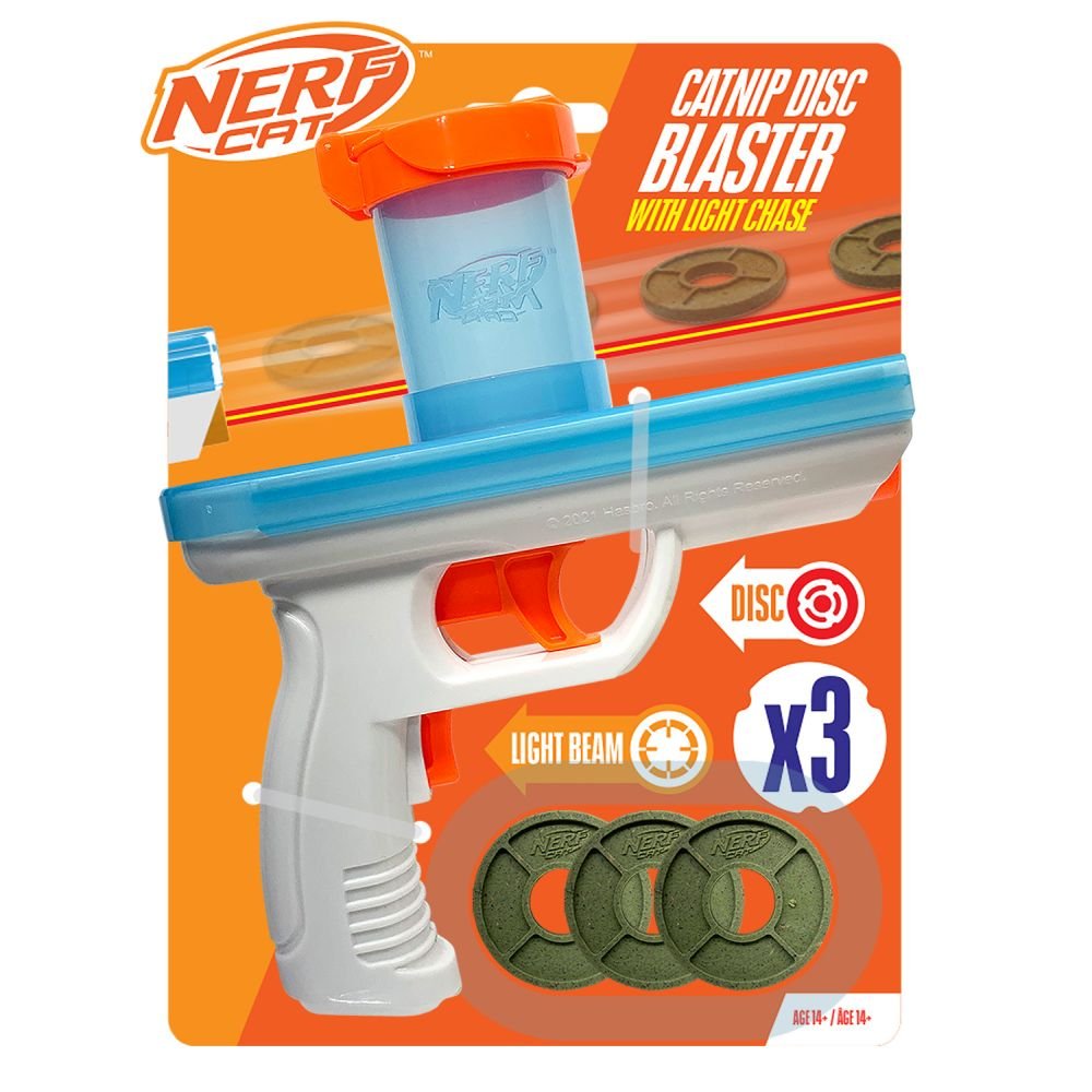 Nerf Cat Catnip Disc Blaster with Light Chase and 3 Catnip Discs White Translucent Blue and Orange.