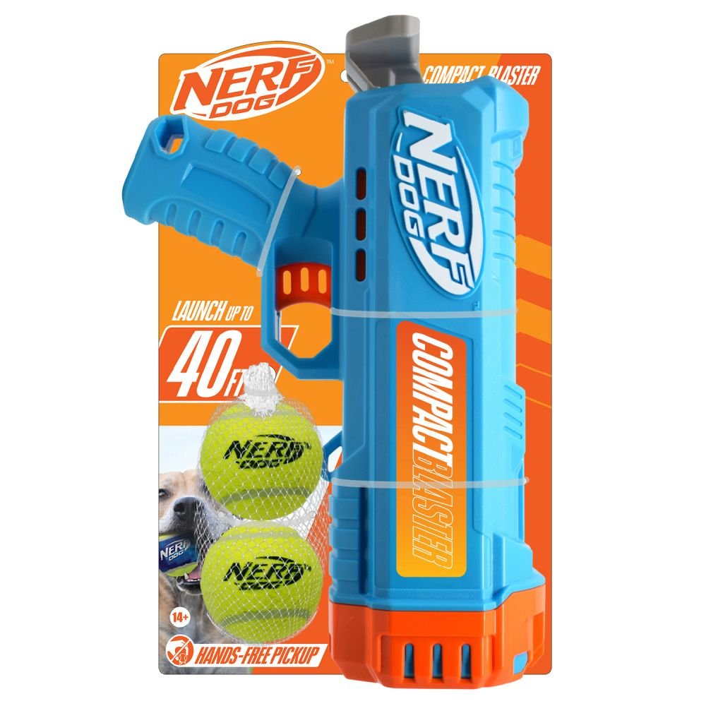 Nerf Dog Compact Blaster Light Blue Orange and Gray and 2.5in Non Squeak Tennis Ball Yellow 12in 2pk