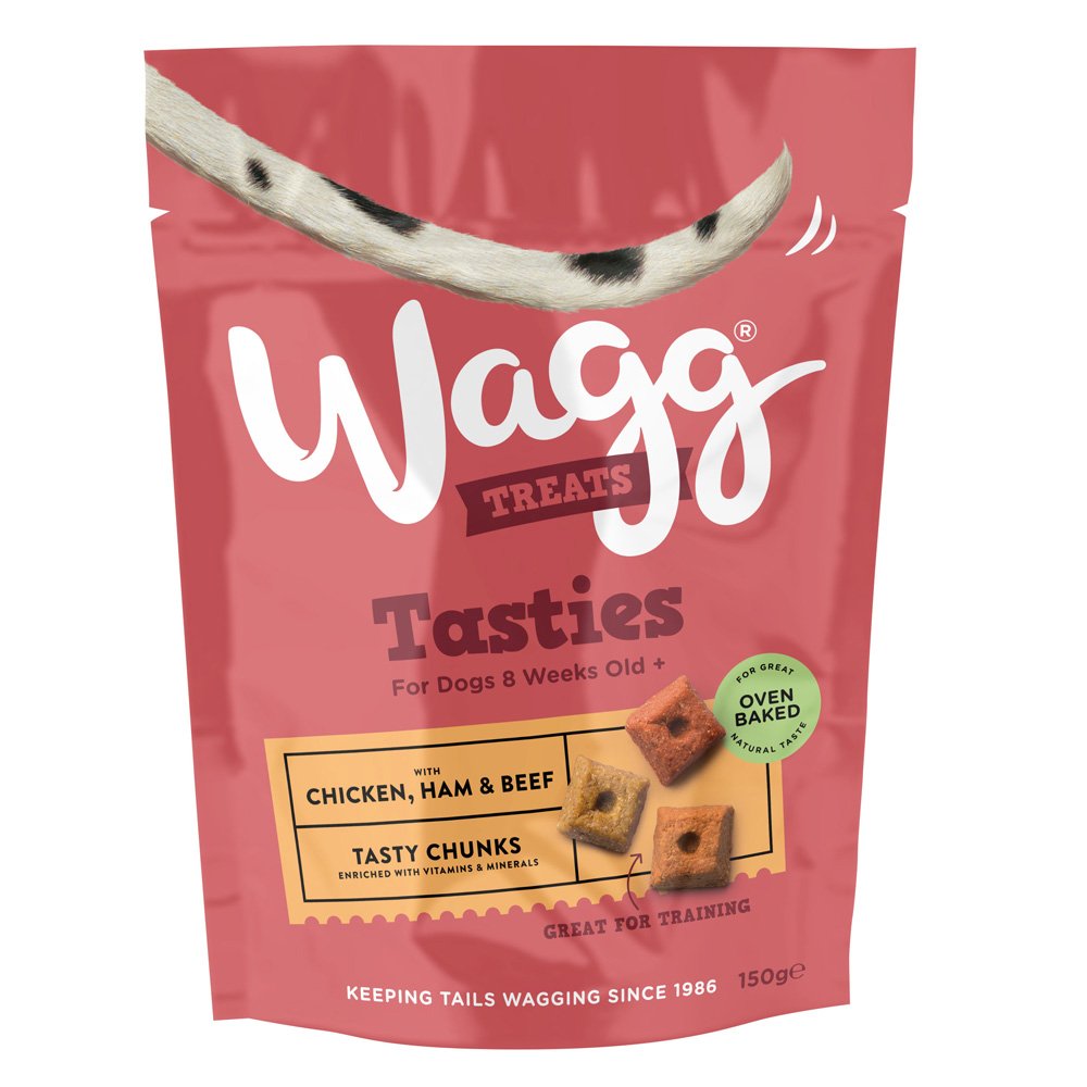 Wagg dog treats packaging with a red background and text about ingredients and benefits.