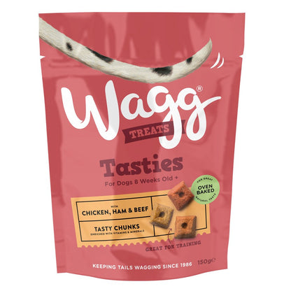 Wagg dog treats packaging with a red background and text about ingredients and benefits.