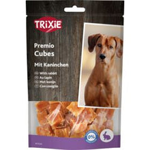 Packaging of Trixie PREMIO Cubes dog treats with rabbit flavor, featuring an image of the product and a dog.