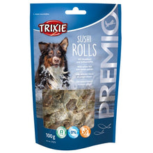 Trixie Sushi Rolls dog treat package with a blue background