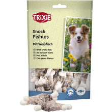Packaging of Trixie Snack Fishies with white fish, featuring an image of a dog and the product visible through a hole in the packaging.