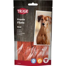 Packaging of Trixie dog treats showing filets of beef and an image of a dog.