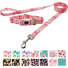 CLEARANCE - Olahibi Daisy Pattern Dog Collar & Lead Set medium pink