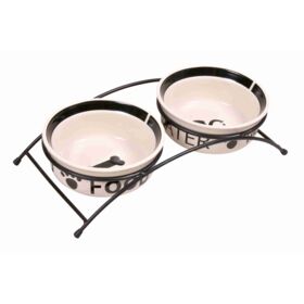 Trixie Food/Water Bowl Set Ceramic/Meal  2 x 0.6l. 15cm. 32x9x15cm. white/black