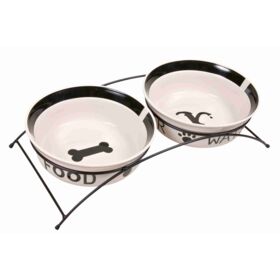 Trixie Food/Water Bowl Set Ceramic/Meal  2 x 2.6l. 25cm. 54x12x24cm. white/black